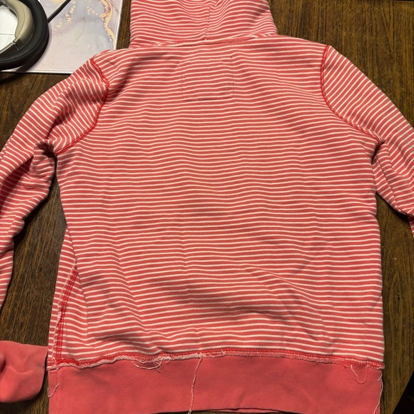 American Eagle Small Hoodie Sweatshirt Pink White Stripe Distressed 100% Cotton - Picture 6 of 6